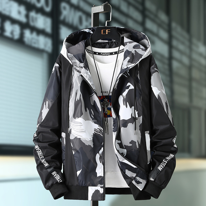 欧美亚马逊热销拼色外套男士潮流修身帅气青少年休闲连帽薄夹克