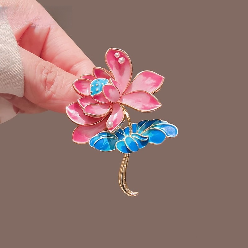 Antique National Fashion Enamel Oil Dropping Lotus Brooch Women's Exquisite High-end Retro Corsage Pin Hanfu Cheongsam Accessories