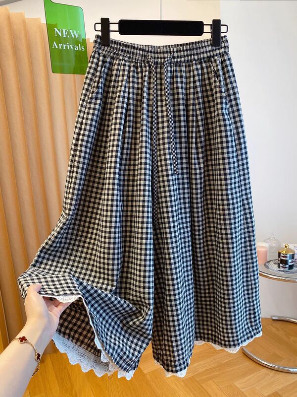 特大サイズ 120kg 夏チェック柄カジュアルパンツルーズビッグレッグワイドレッグパンツレディースルーズ 9 点パンツとスカート|undefined