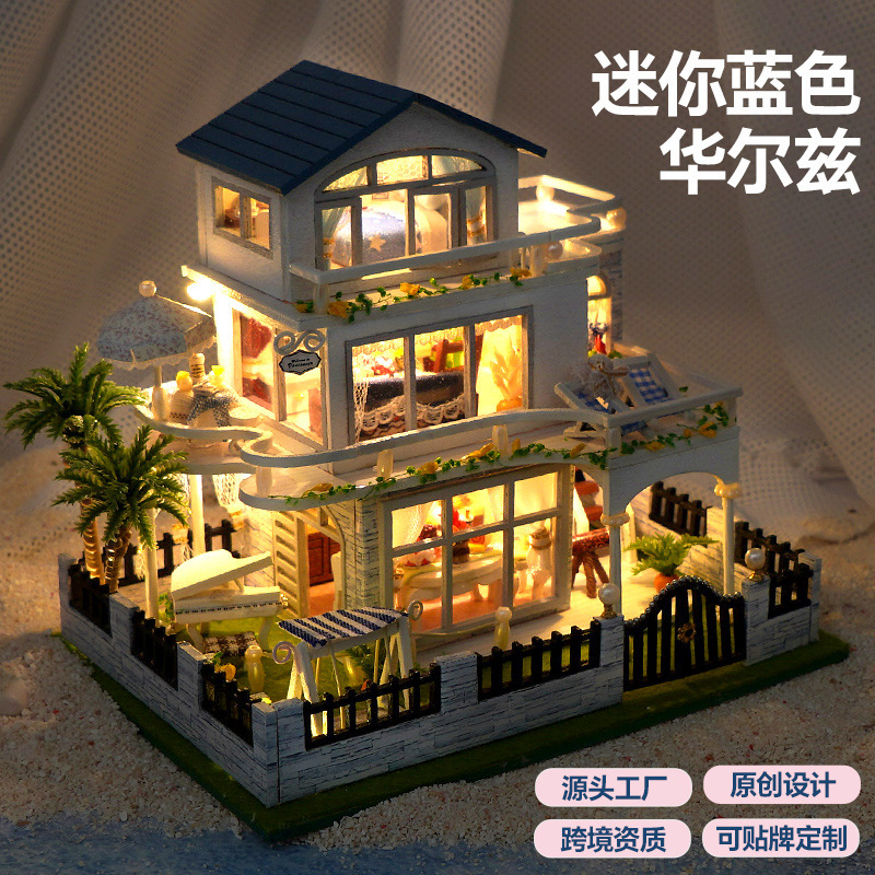 DIY Cabin Model House European-Style Villa Model Handmade Wooden Assembled Miniature House Gift Boy's Birthday Gift