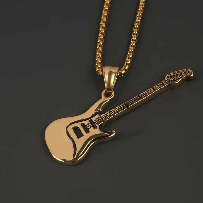 Pingente de guitarra de aço titânio punk rock mais vendido, colar de instrumento de metal personalizado masculino da moda_voghion.com