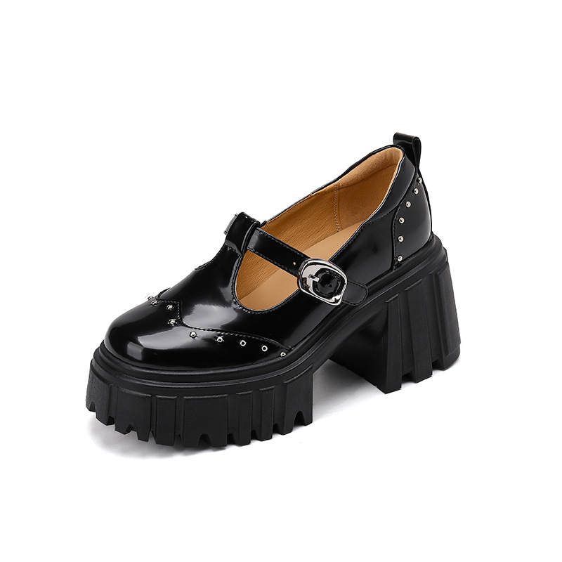 Giày Mary Jane cao gót da thật 9cm, đế bánh xốp, khóa chữ T, gót thô — Màu đen