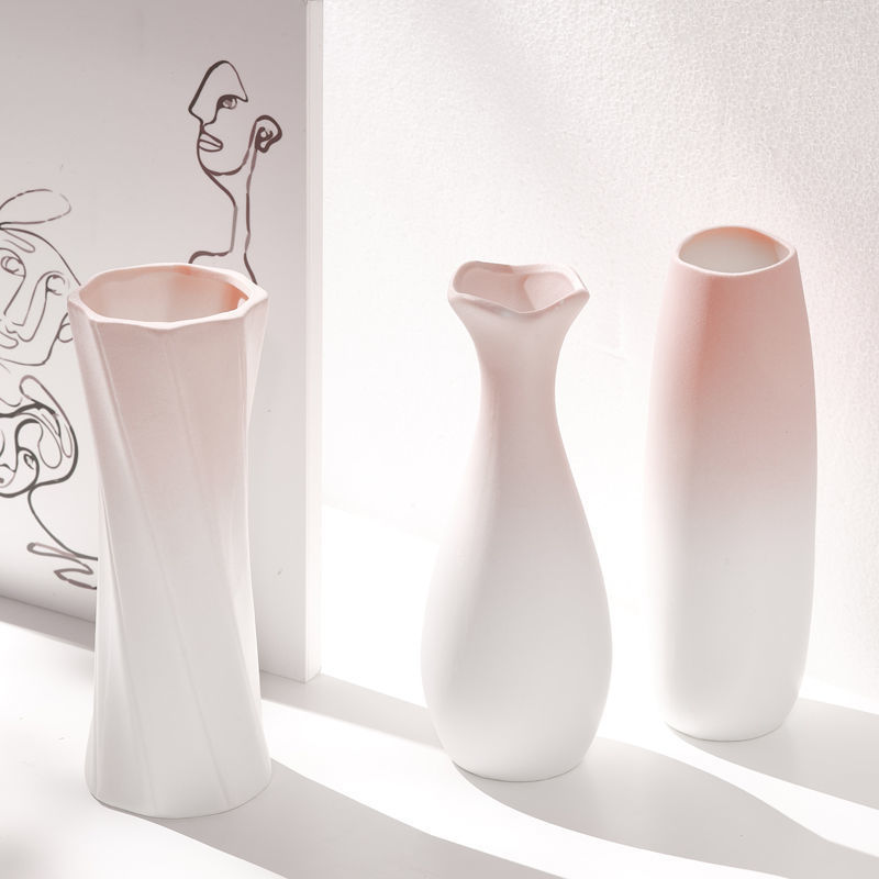Pink Gradient Ceramic Vase Creative Modern Decorative Dried Flowers Desktop Study Living Room Flower Arrangement Ornaments