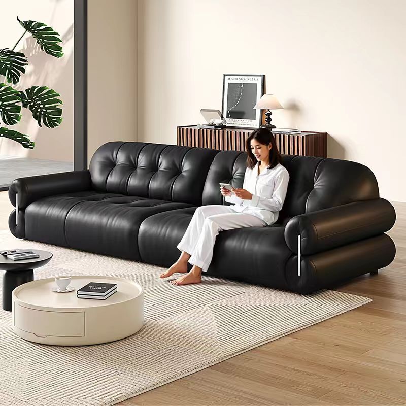 Foshan Italian Retro Style Leather Sofa Black First Layer Cowhide Living Room Small Apartment Straight Row Brown Sugar Cloud Sofa