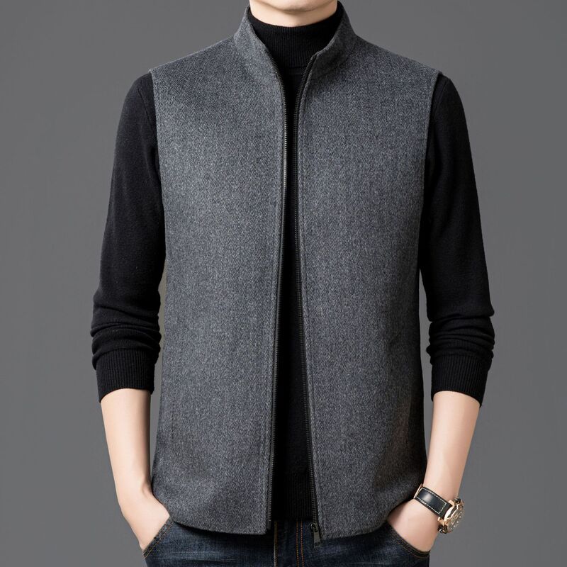 2025 New Autumn and Winter Men's Woolen down Vest Pure Color Stand Collar Casual Fashion Sleeveless Wool Vest