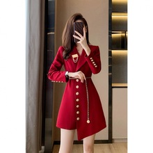 秋装2022新款女装小香风法式设计感小众红色长袖西装洋装女秋冬