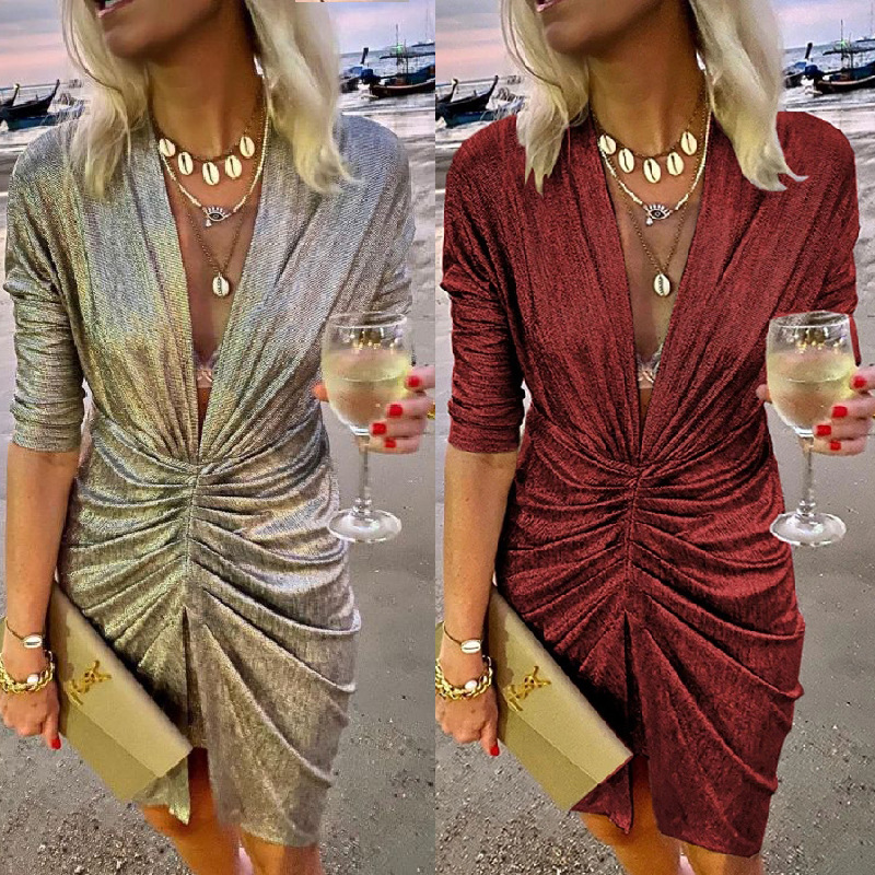 autumn sexy flashing long-sleeved V-neck stretch pleated dress nihaostyles wholesale clothing NSJRM91370