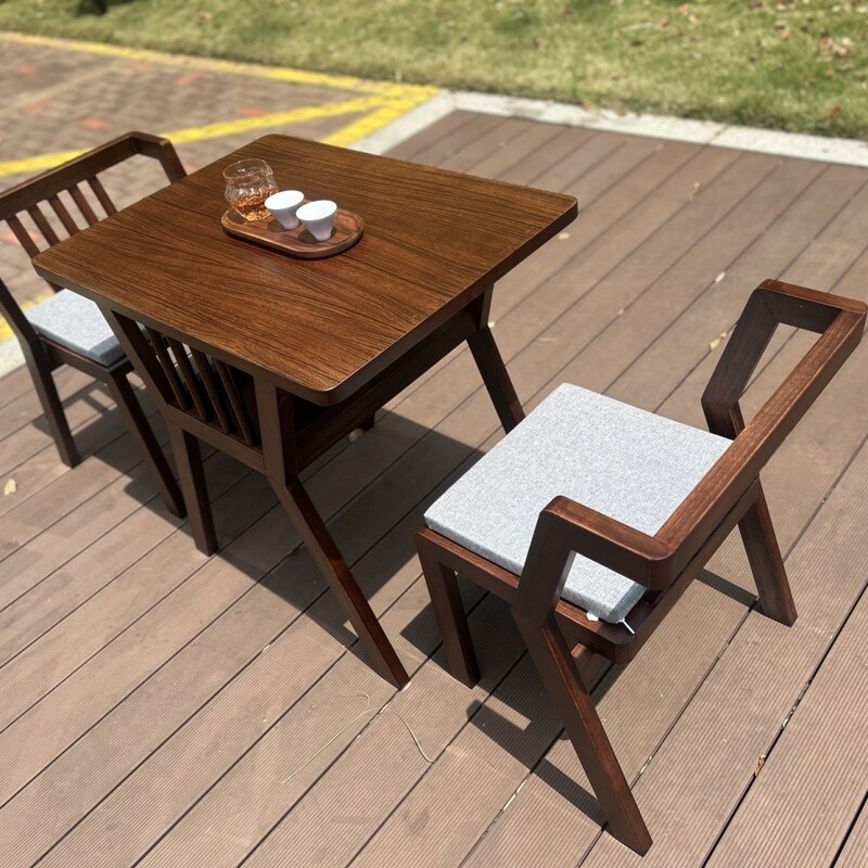 Solid Wood Balcony Tea Table and Chair Set, Leisure Three-Piece Set for Home Use, Made of Black Walnut Wood, Suitable for Small Apartments, Simple Tea Table