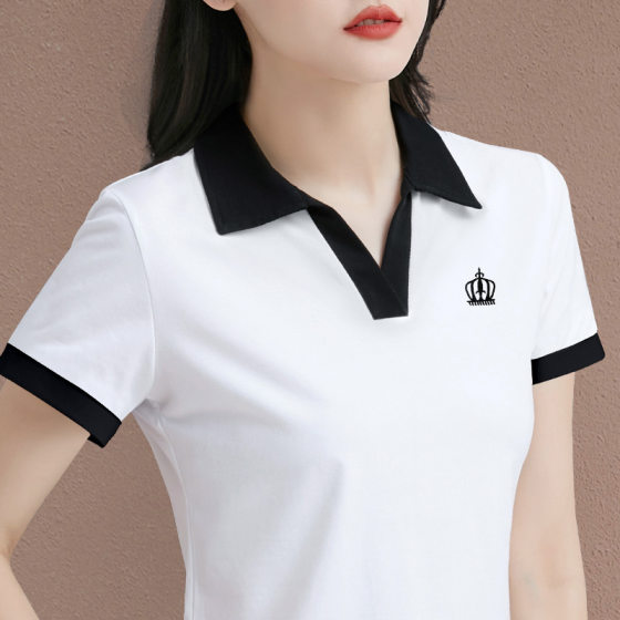 Summer New Cotton POLO Collar Short-sleeved T-shirt Simple All-match Embroidered Slim-fit Women's Outer Wear Top