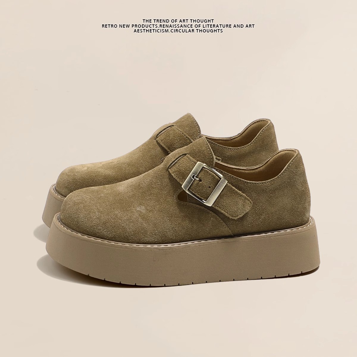 Super versátil ~ aumento de altura de 4,5 cm cuero marrón con lana de suela gruesa Boerken zapatos de mujer 2025 primavera cabeza grande zapatos casuales