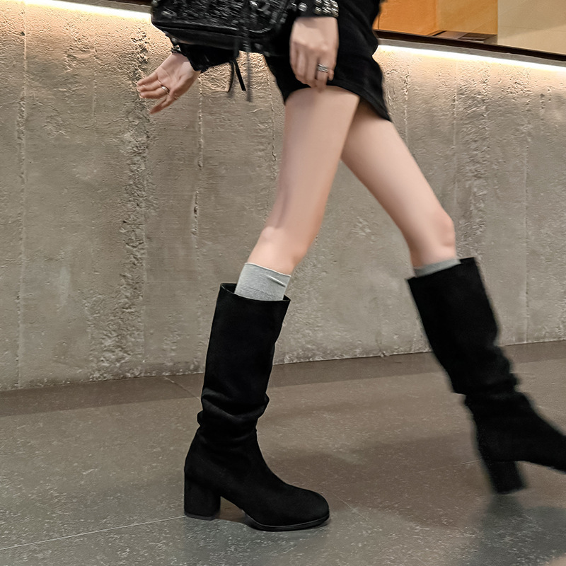 慵懒风女神范绒面高筒堆堆靴2025冬粗高跟圆头宽松大筒围长靴女41|undefined
