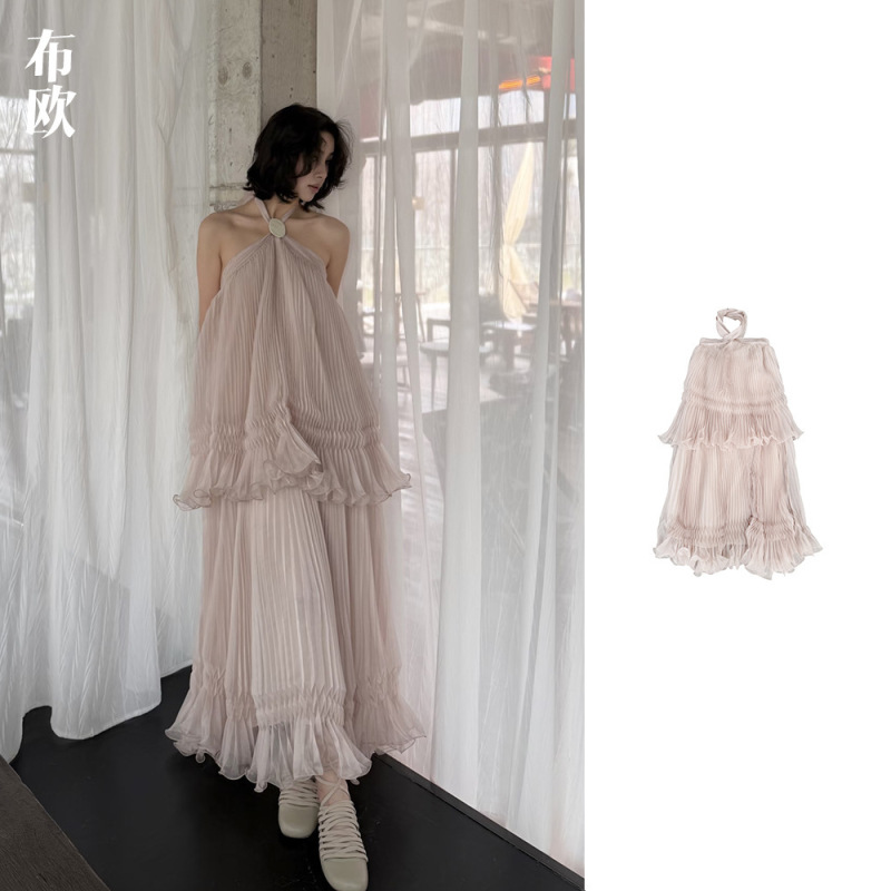 French-Style Romantic Backless Tulle Pleated Halter Neck Tie Dress, Holiday Vibe Long Dress, Nanyou Women's Clothing Wholesale