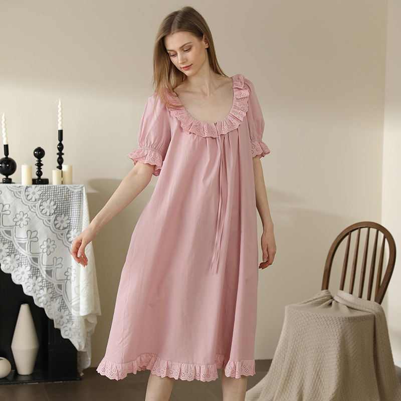 Pajamas Women's Summer Nightgown Short-sleeved Solid Color Vintage Princess Lace Women's Pajamas High-count High-density Cotton Home Clothes