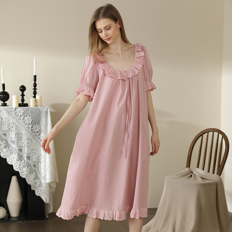 Pajamas Women Summer Nightdress Short Sleeve Solid Retro Princess Lace Ladies Nightgown High-Count High-Density Cotton Homewear Pajamas Women Summer Nightdress Short Sleeve Solid Retro Princess Lace Ladies Nightgown High-Count High-Density Cotton Homewear