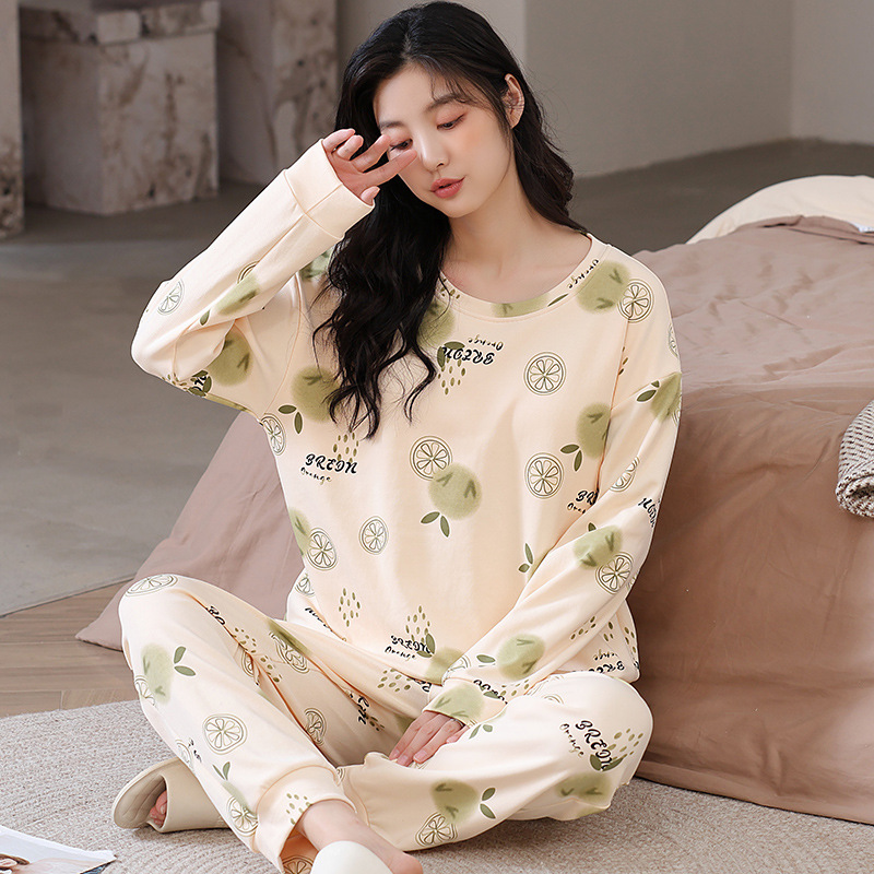 Long-Sleeved Pajamas for Women in Autumn and Winter Cotton Cute Cartoon Casual Loose Plus Size Home Clothes Set That Can Be Worn Outside