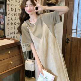 胖MM特大码300斤森系假两件圆领短袖连衣裙女夏宽松显瘦时尚T恤裙