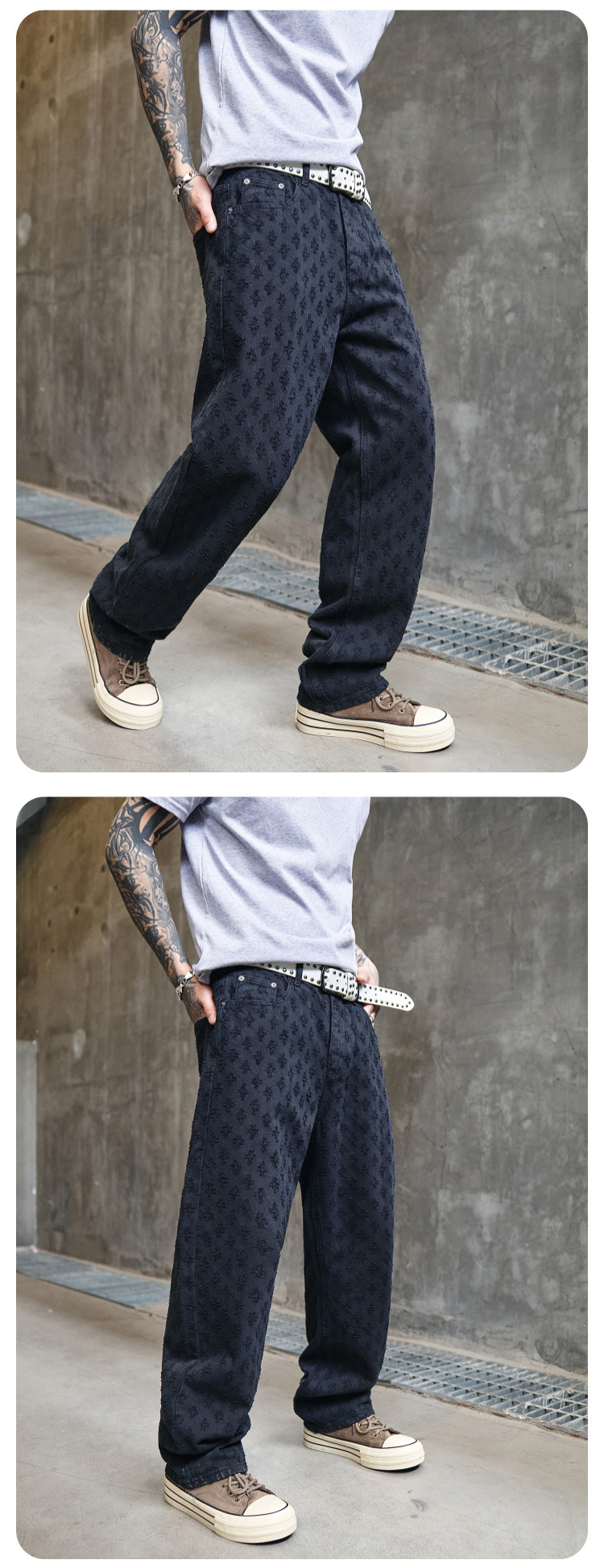 Herren Jeans Mit Jacquard Muster Weit Gerade Und Lässig Verwaschen_voghion.com