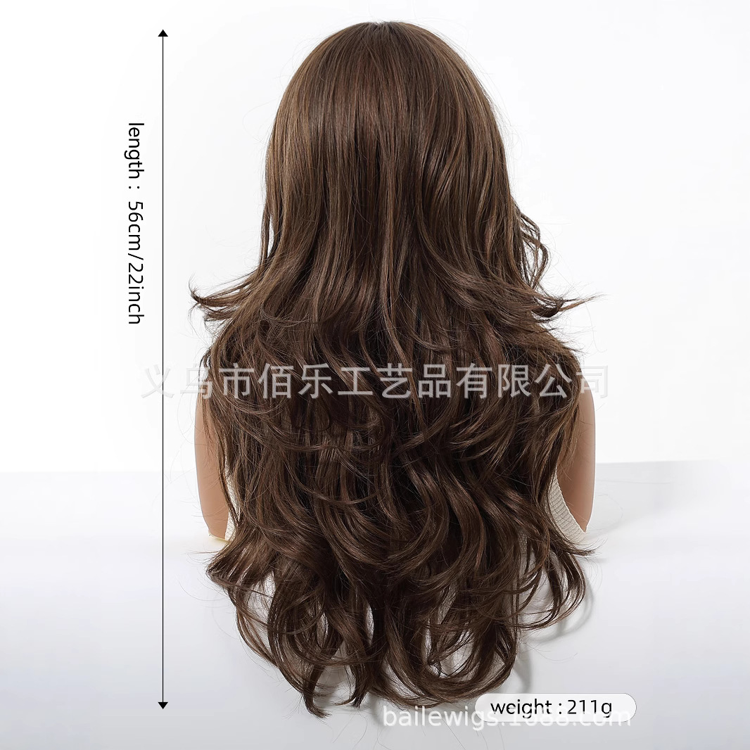 Peluca marrón natural, cabello rizado de longitud media, cubierta de cabeza completa, fibra química, wigs femeninos, Europa y América, spot transfronterizo al por mayor