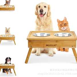 猫咪狗狗食物和水陶瓷碗架 双碗宠物木质用品 可调节可拆卸碗架