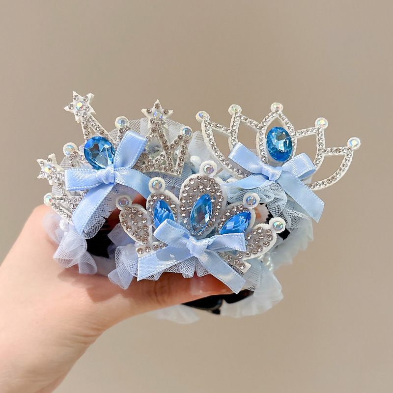 Niños princesa Aisha corona de gasa de nieve azul pinza de cola de caballo hebilla de pelo temperamento cabeza de bola de diamantes de imitación botón de pelo exquisito