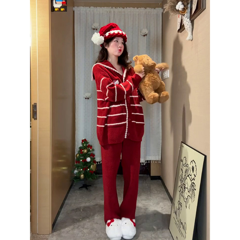 甜美可爱Kitty印花少女半边绒睡衣女秋季新款家居服加厚保暖套装|undefined