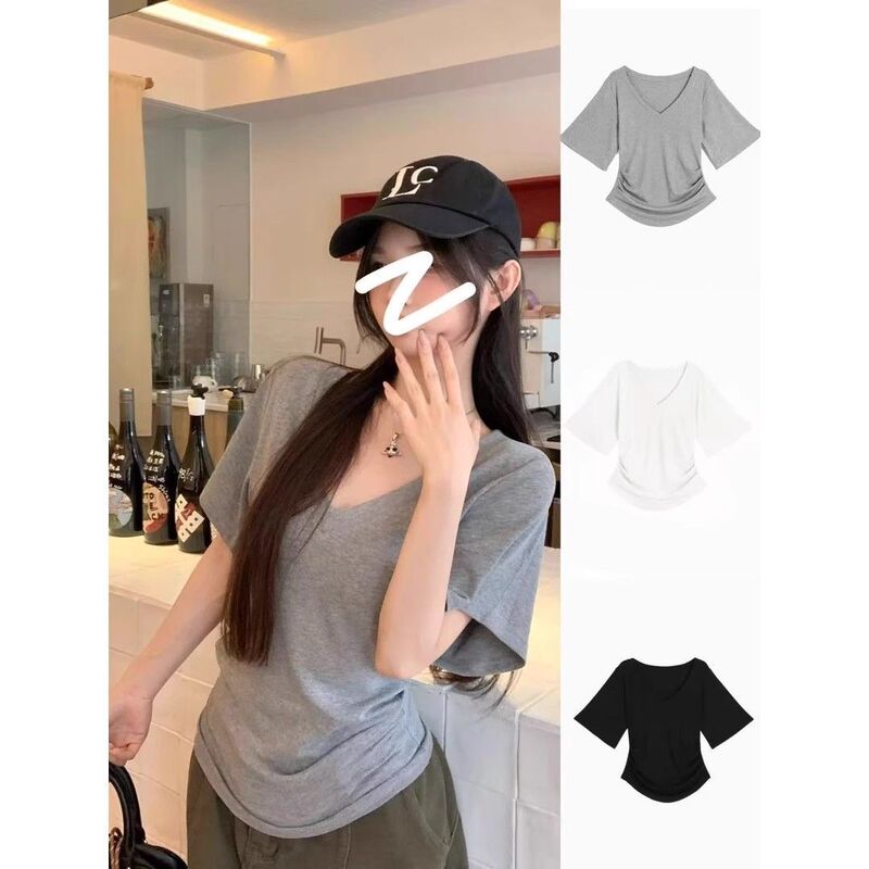 莫代尔V领短袖t恤女2025夏季纯欲风高级感宽松显瘦内搭打底衫上衣|undefined