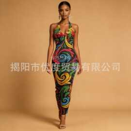 设计感手工水钻闪亮礼服跨境酒会红毯舞台演出服性感挂脖裙幸运花