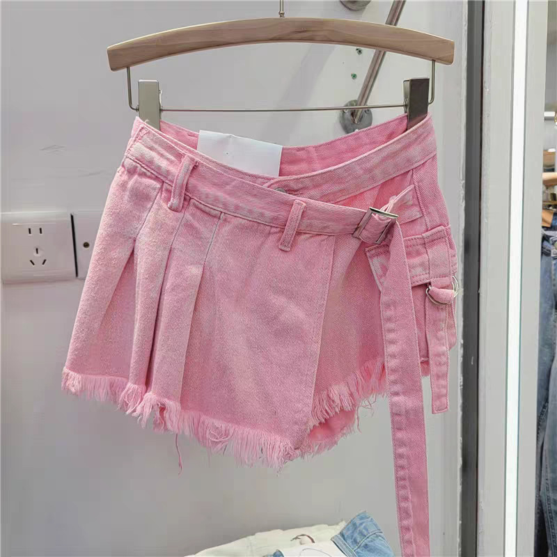 Falda Pantalón de Mezclilla para Mujer de Tiro Alto con Diseño Plisado Irregular