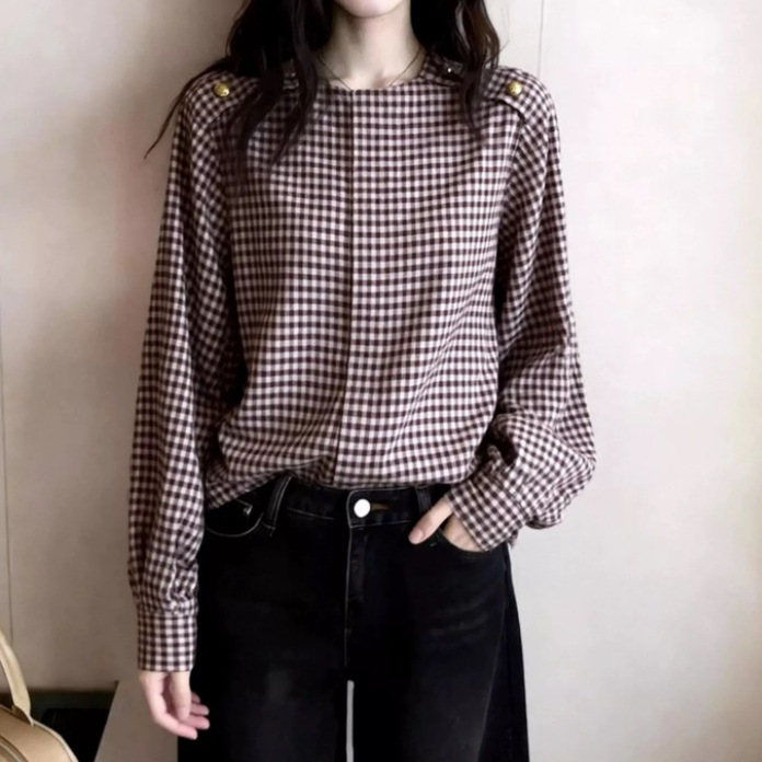 复古格子衬衫女款2026新款春装轻奢高级感法式小资别致上衣设计感