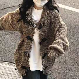 美式复古街头牛角扣开衫毛衣女秋冬宽松设计感潮流新款针织衫上衣