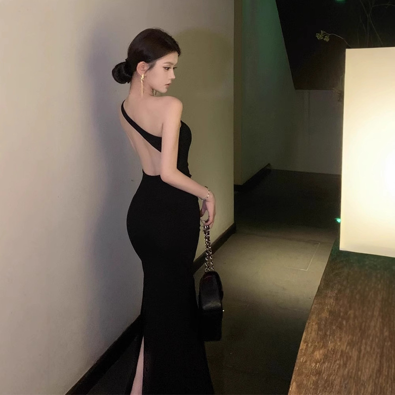 French Elegant Black Slant Shoulder Strap dress Children's Pure Desire High-end Backless Hip Dress Birthday Dress