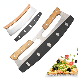 Manufacturer's Ready-Made Pizza Cutter Wooden Handle Pizza Scimitar Half-Moon Baking Pizza Rocker Knife Pizza Knife