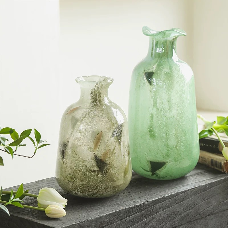 Green Middle Ancient Glass Vase Ornaments Creative Water-nourishing Living Room TV Cabinet Entrance Flower-arranging Decorations French Glaze