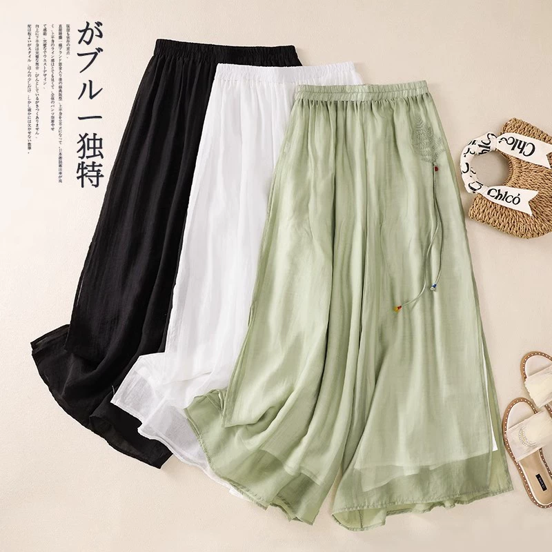 [Китайский стиль в моде] Летний новый стиль, новый китайский стиль, длинные боковые ремни, двухслойные широкие брюки-кюлоты с вышивкой и разрезом