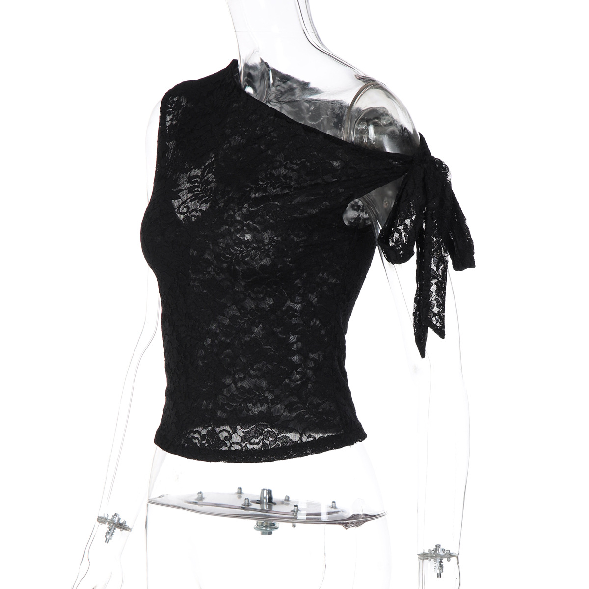 Europe, America 2026 Summer New Fashionable And Sexy Lace Mesh Composite Slim-fitting Semi-transparent Diagonal Neck Lace-up Top_ecoleips.com