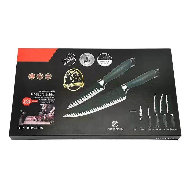 En stock venta al por mayor fábrica verde patrón de onda de seis piezas de cocina cuchillo de cocina regalo cuchillo traje cuchillo de acero inoxidable