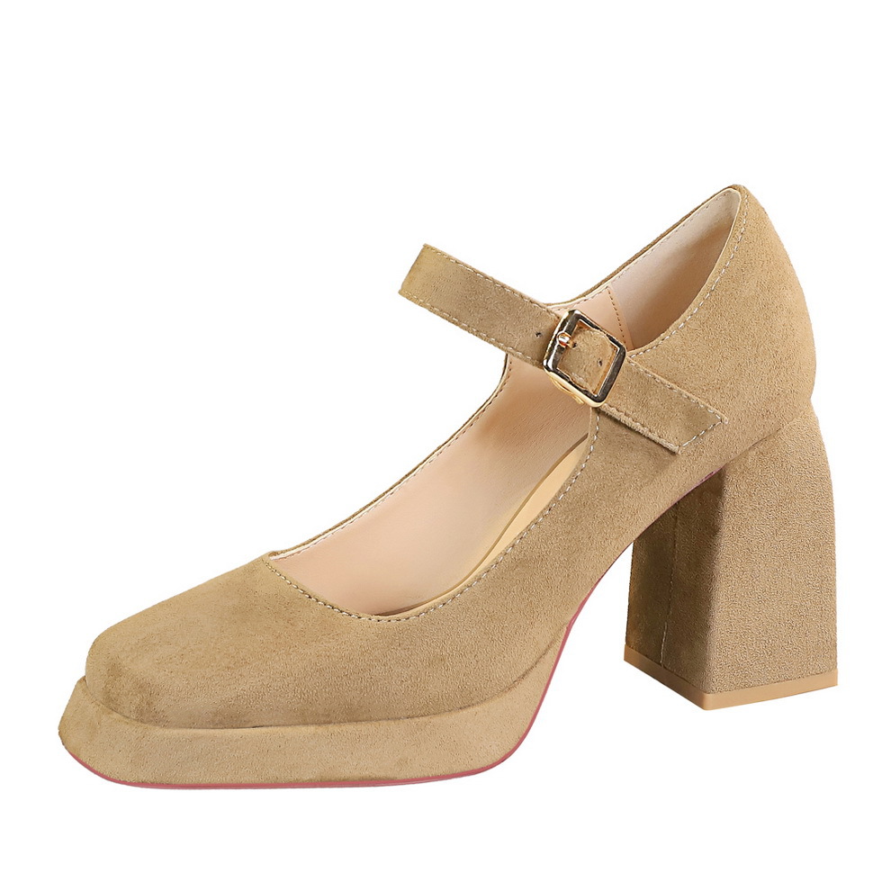 9613-5 European And American Style Retro High Chunky Heel Waterproof Platform Suede Shallow Mouth Square Toe Belt Buckle_vogvips.com