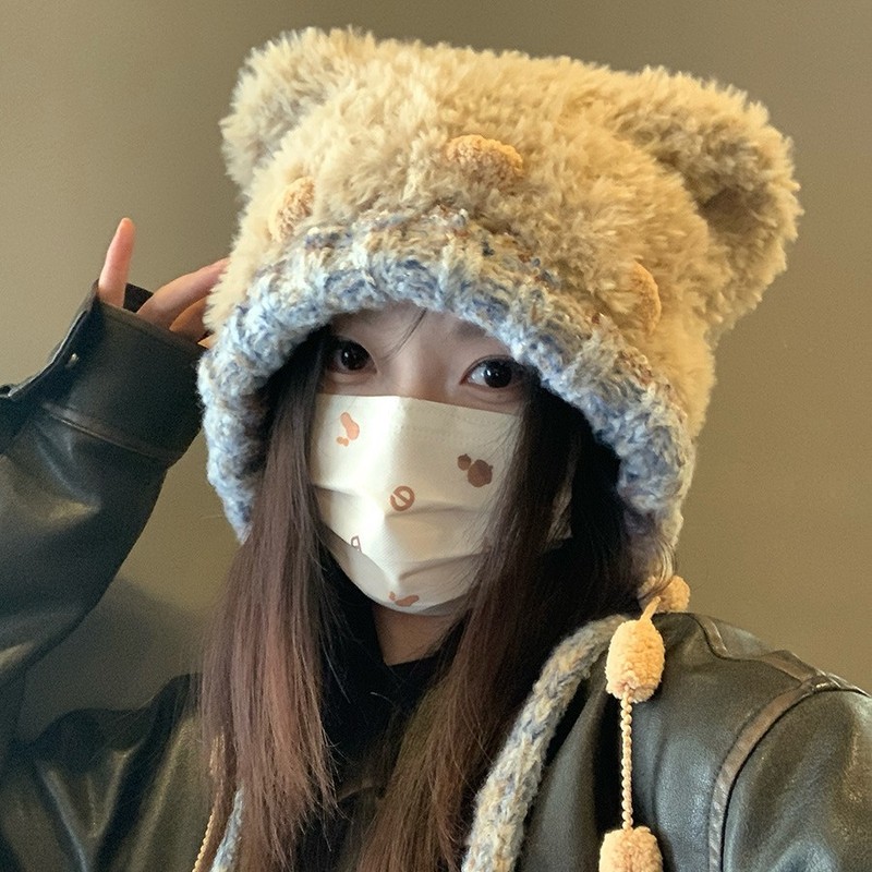日系保暖小熊毛绒帽2025冬爆款可爱风加厚时尚显脸小套头针织帽子|undefined
