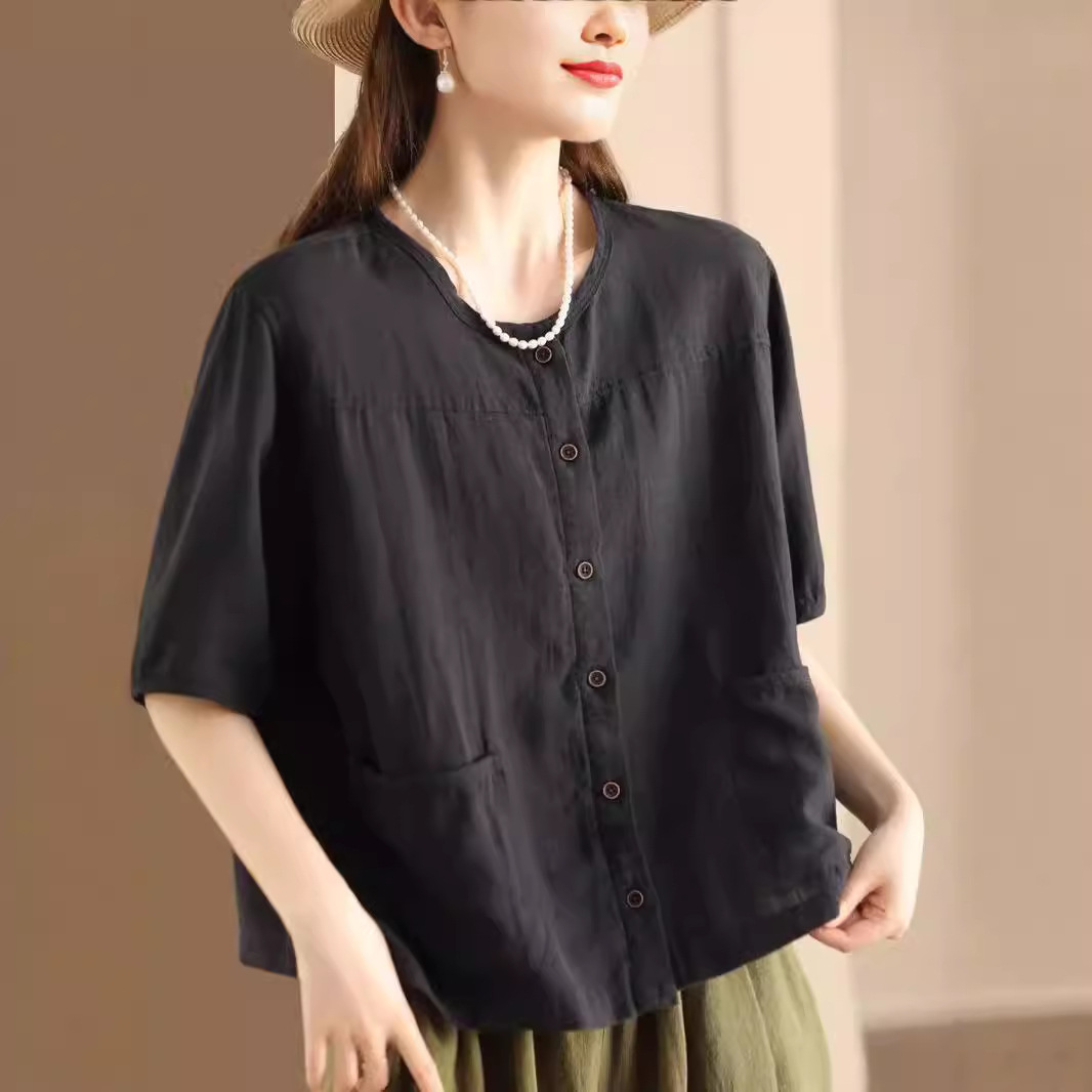 2025 Summer Retro Literary Crew Neck Cotton-Linen Shirt with Pocket Design for Women Casual Single Button Short Sleeve Elegant Style