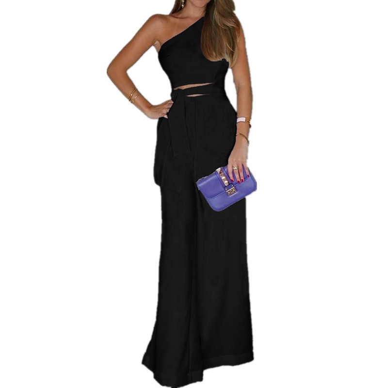 Deseo Europa y América verano moda sexy Slant hombro pierna ancha mono Amazon Venta caliente color sólido temperamento pantalones de cintura alta image 4