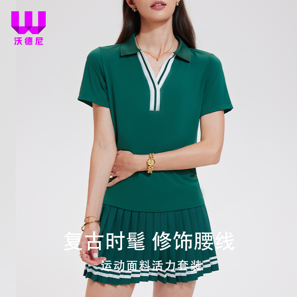 Trajes deportivos transfronterizos con solapa en V, mangas cortas falsas de dos piezas, falda corta, tenis de verano, ropa de ejercicio de secado rápido