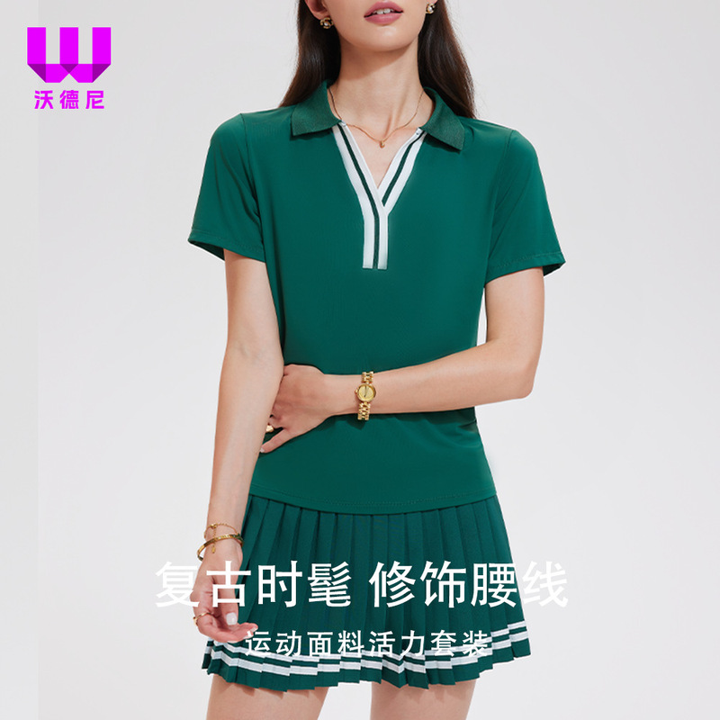 Cross-Border Sports Suit V Lapel Short-Sleeved Fake Two-Piece Pleated Skirt Summer Running Tennis Quick-Drying Fitness Suit Cross-Border Sports Suit V Lapel Short-Sleeved Fake Two-Piece Pleated Skirt Summer Running Tennis Quick-Drying Fitness Suit