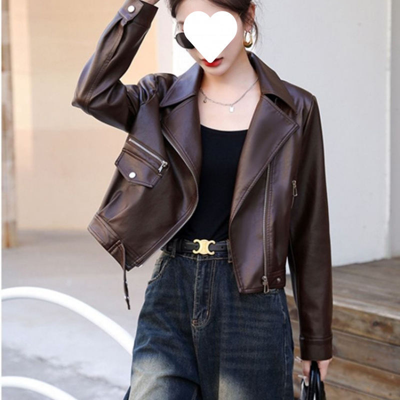 Tianyu 2025 Spring and Autum New Leather Jacket Women's Short Motorcycle Jacket Casual Small Pu Leather Suit Collar