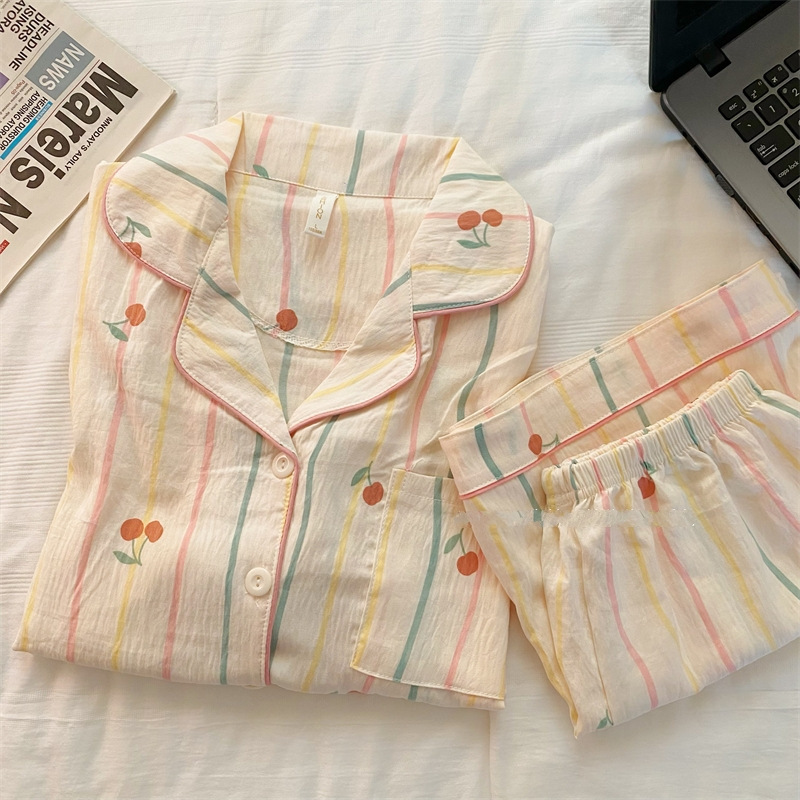 [Cloud Cotton Two-Piece Set] Dopamine Stripe Pajamas Women's Summer Short Sleeve Sweet Cherry Cardigan Thin Home Furnishing