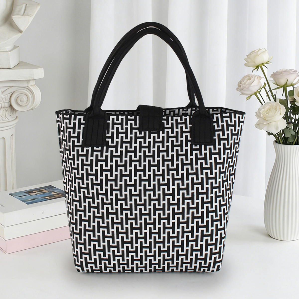 Bolso de tejido coreano de gran capacidad de transporte de moda de mil pájaros bolsos de mano casuales versátiles bolsos de bento image 4