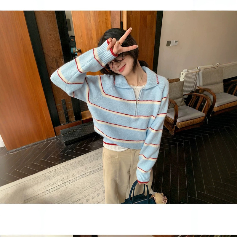 Sisilyon Korean-style half-zip 3-color striped sweater for women, autumn and winter casual age-reducing knitwear 96765