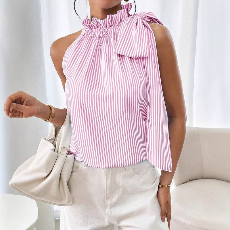 2026 Cross-Border Amazon European and American Style Sleeveless Striped Lace High-Neck Tie T-Shirt Top Versatile European and American Style 2026 Cross-Border Amazon European and American Style Sleeveless Striped Lace High-Neck Tie T-Shirt Top Versatile European and American Style