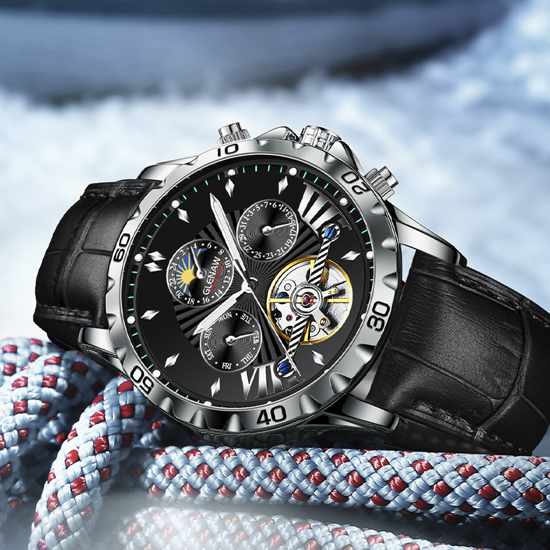 Đồng hồ nam automatic skeleton lộ máy Glenn – dây da/dây thép, chống nước, dạ quang
