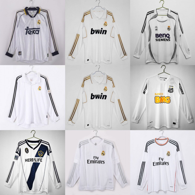 Retro-style football jerseys, classic replicas of Real Madrid, Bayern Munich, Paris Saint-Germain, Inter Milan, Portugal, and England long-sleeved football kits.