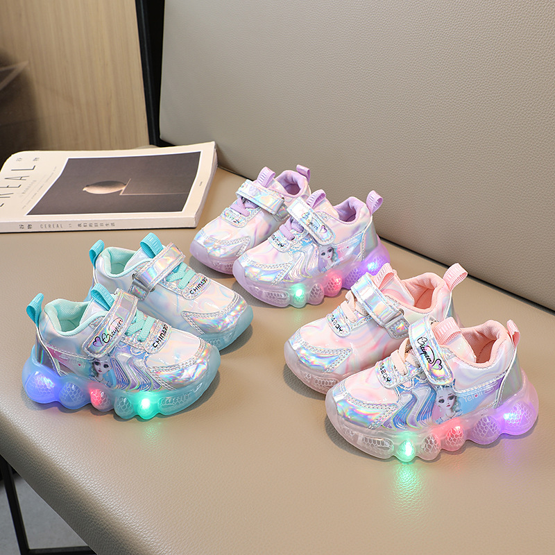 Girls' luminous sneaker 2024 spring new children's cartoon soft bottom non-slip princess shoes Children's running shoes